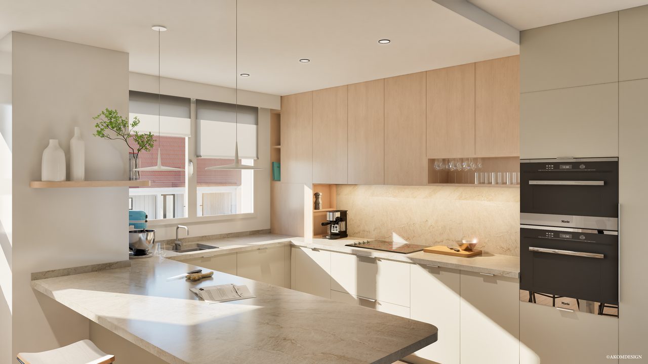 Visualisation 3D d’une cuisine lumineuse, réalisée par Akom Design