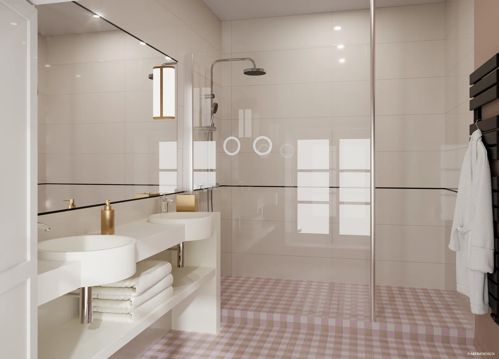 Une salle de bains par chambre — Rose poudré, douche à l’italienne · Vue 3