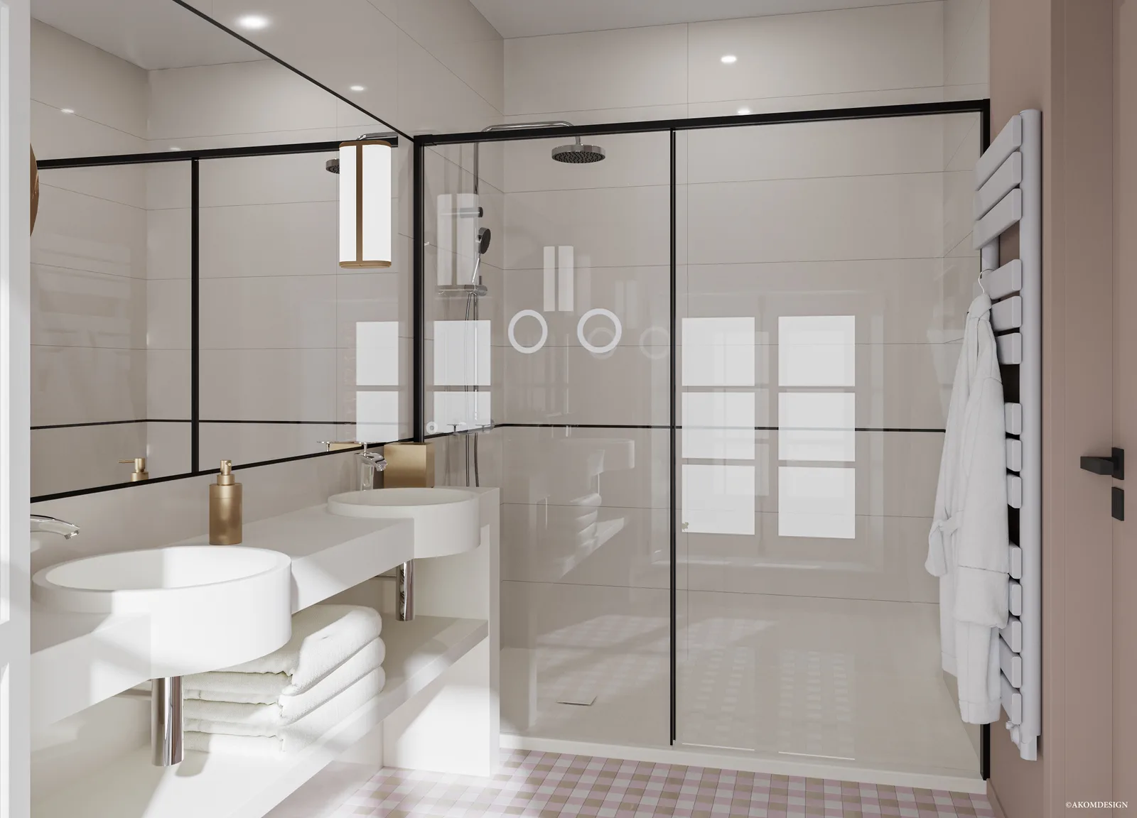 Une salle de bains par chambre — Rose poudré, verrière noire · Vue 4
