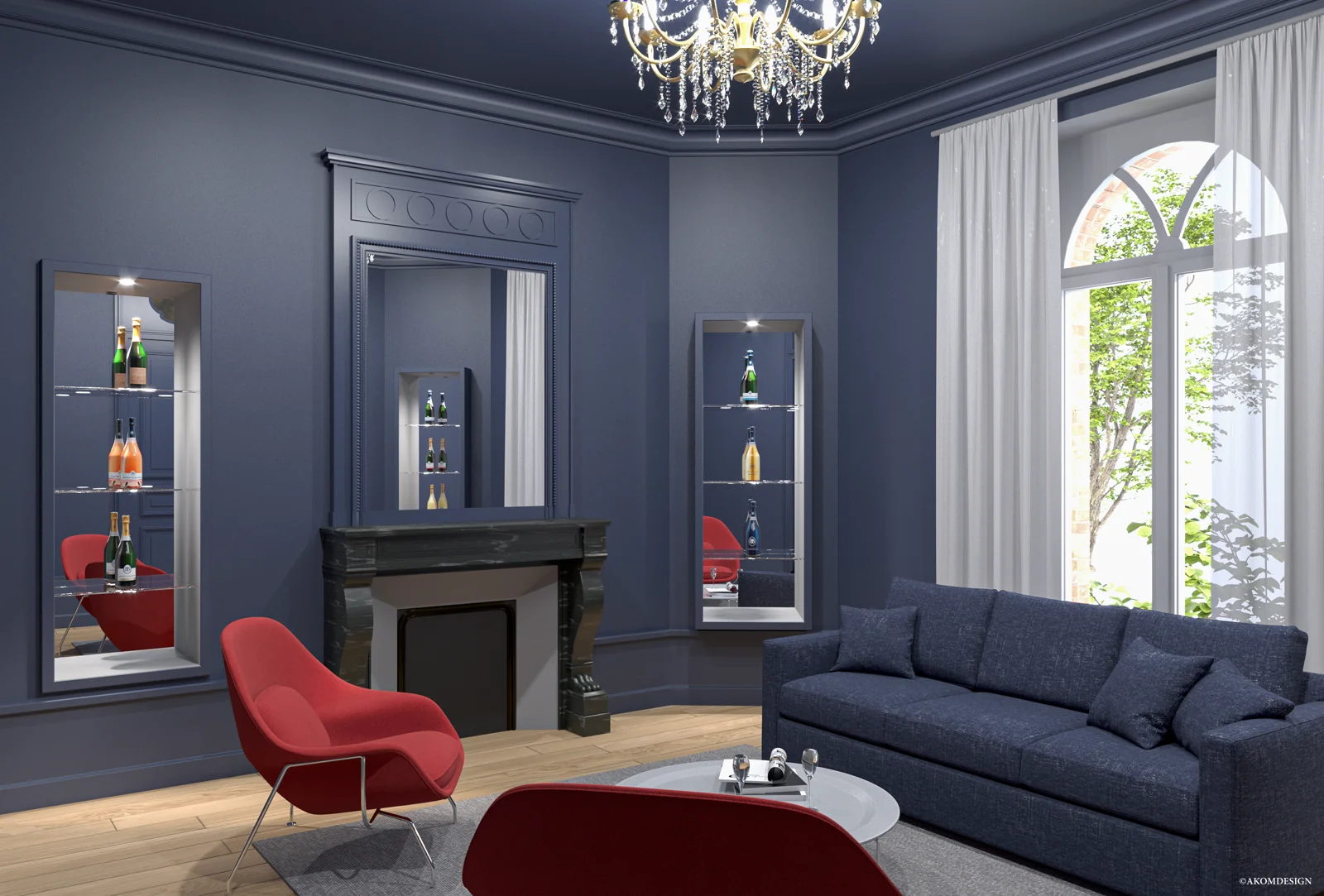 Le caractère d’un salon bleu — rendu 3D Akom Design